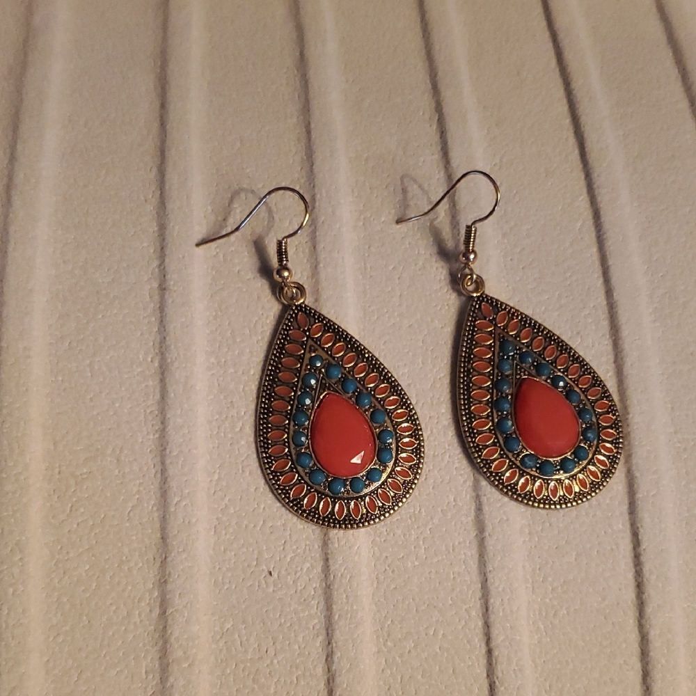 Elegant Teardrop Earrings with Coral and Blue Accents